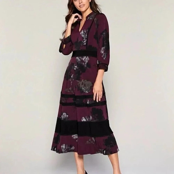 Taylor Floral Print V-Neck 3/4 Sleeve Jersey Midi Dress - Picture 2 of 16